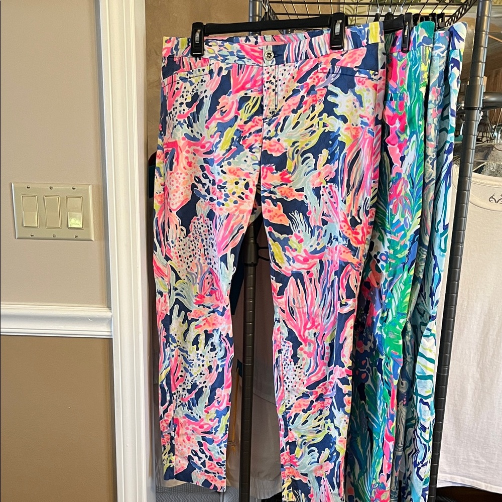 Vibrant Coral Reef Print  Pants - Pink Navy Multi Lilly Pulitzer